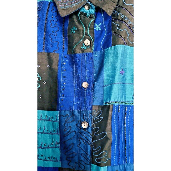 Chico's Silk Patchwork Tunic Top XL | Beaded Colorblock Button-Up Resort Artwear - Picture 5 of 6